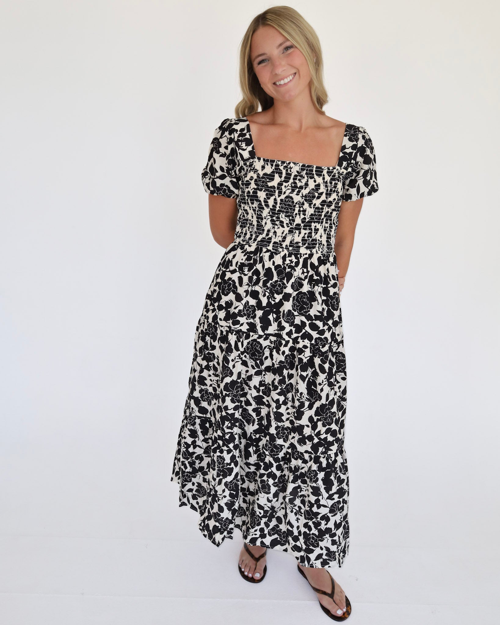 AUGUST SKY Puff Sleeve Smocked Midi Dress - Black Multi