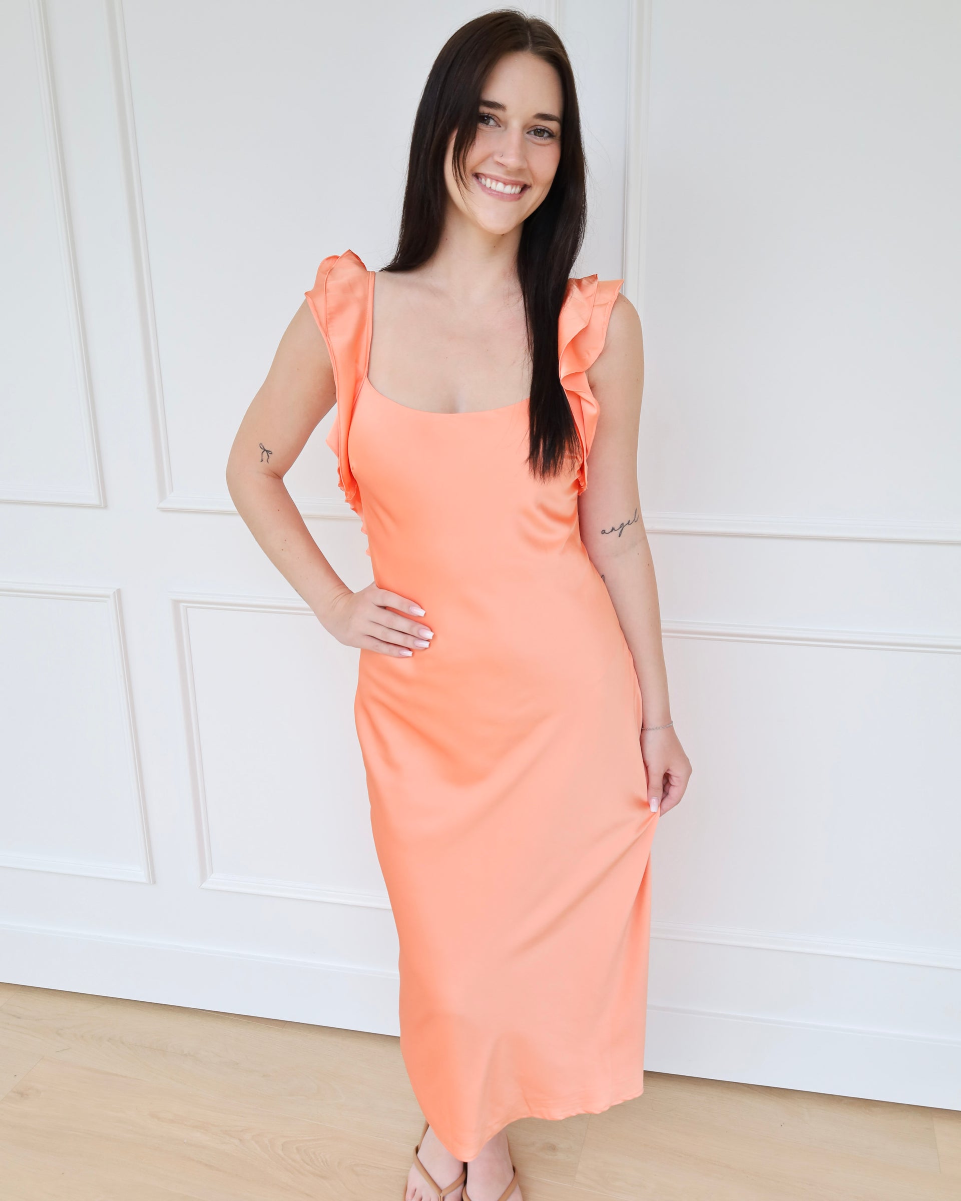 ruffle sleeve midi dress Ruffle Sleeve Satin Midi Dress Orange / M