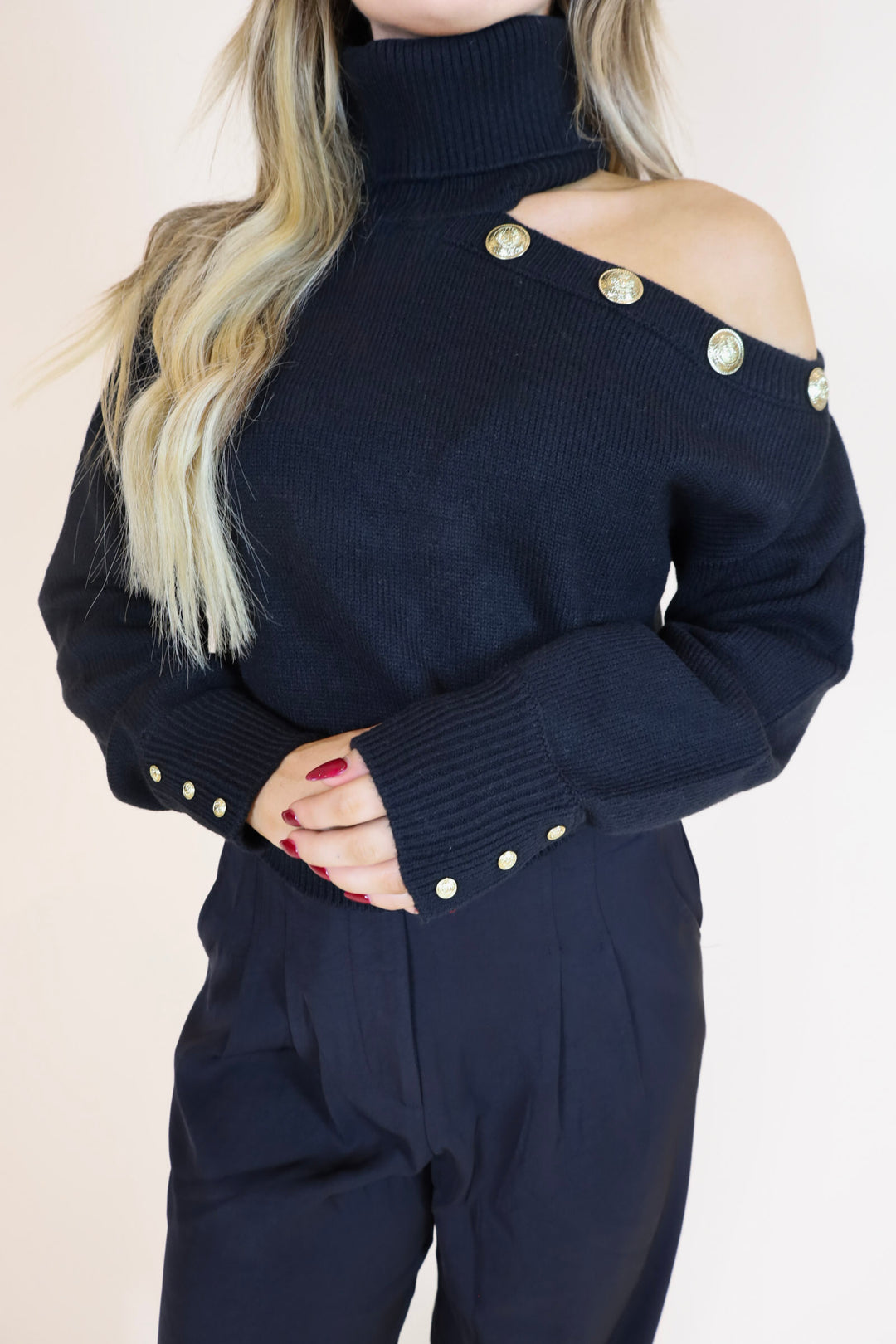 Turtleneck Stud Cold Shoulder Sweater – MOD ON TREND