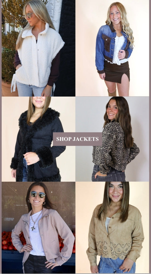 Collage of women wearing various jackets with a 'Shop Jackets' button.