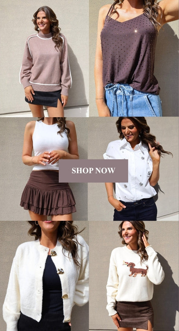 Chic clothing collage: various outfits with a 'Shop Now' button.