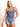 Model is wearing a long blue seamless u-neck tank.