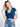 Model is wearing a blue short sleeve v-neck top.