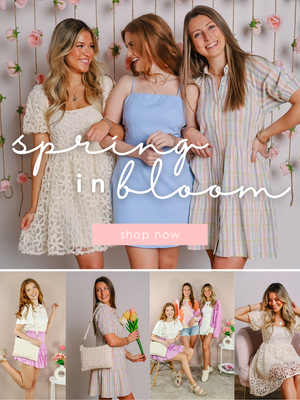 Collage of female models wearing pastel sweaters, dresses, and skirts. Shop our Spring In Bloom Collection now!