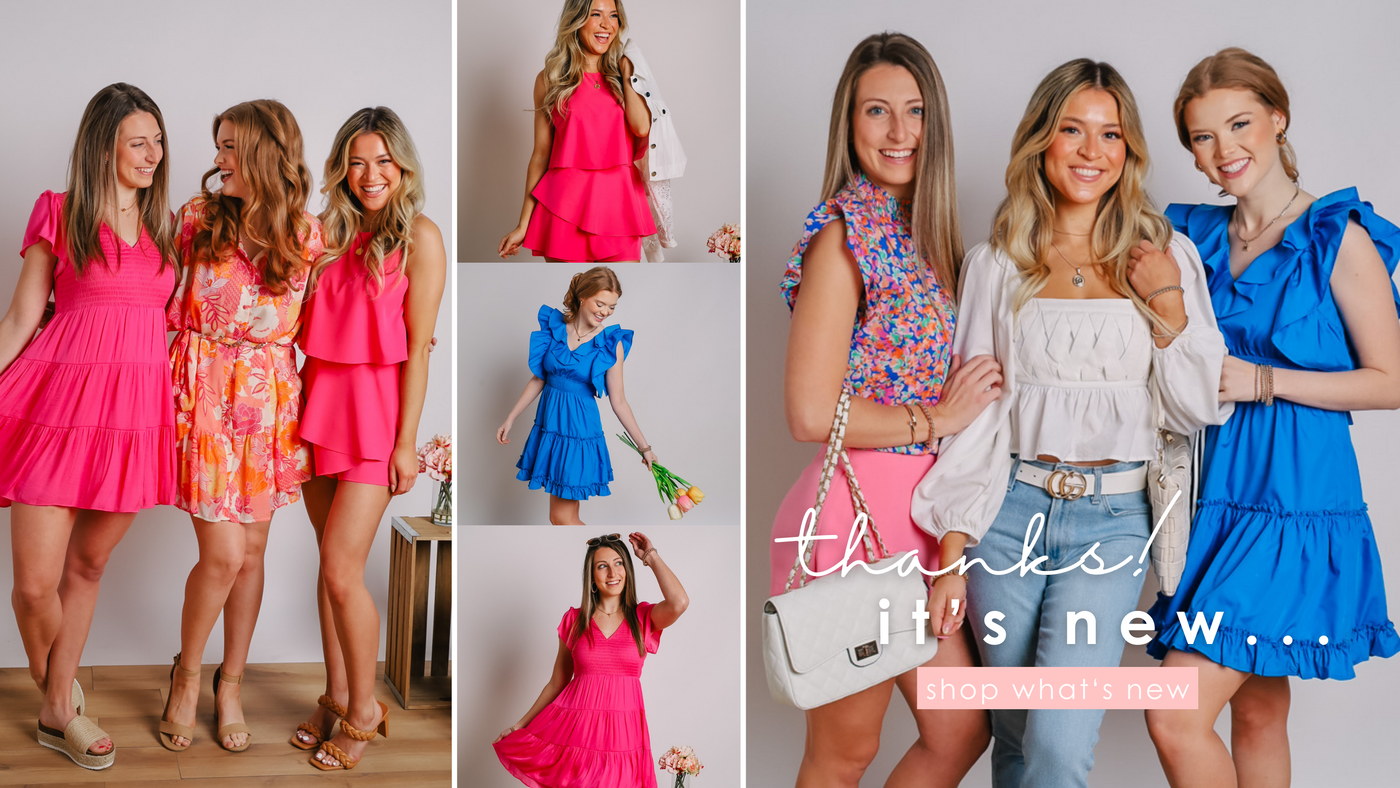 Collage of female models wearing bright colored dresses and tops. Shop our Spring In Bloom collection now! 